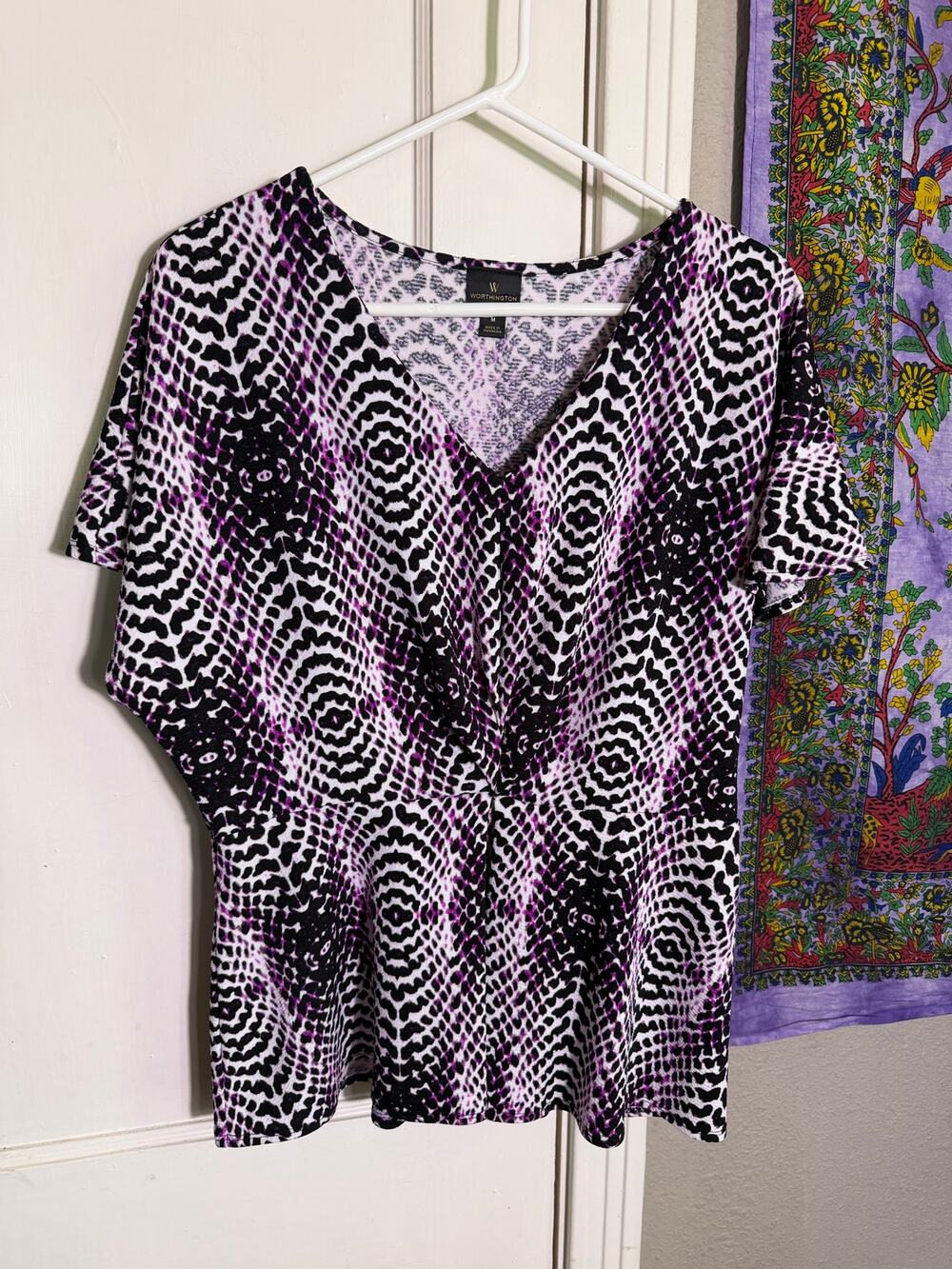 Worthington Peplum Top Purple Black Abstract Print V Neck Stretch - Medium
